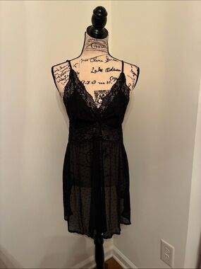 Hunkemoller Sheer Lace Chemise Spaghetti Straps & Panties Set (Black)